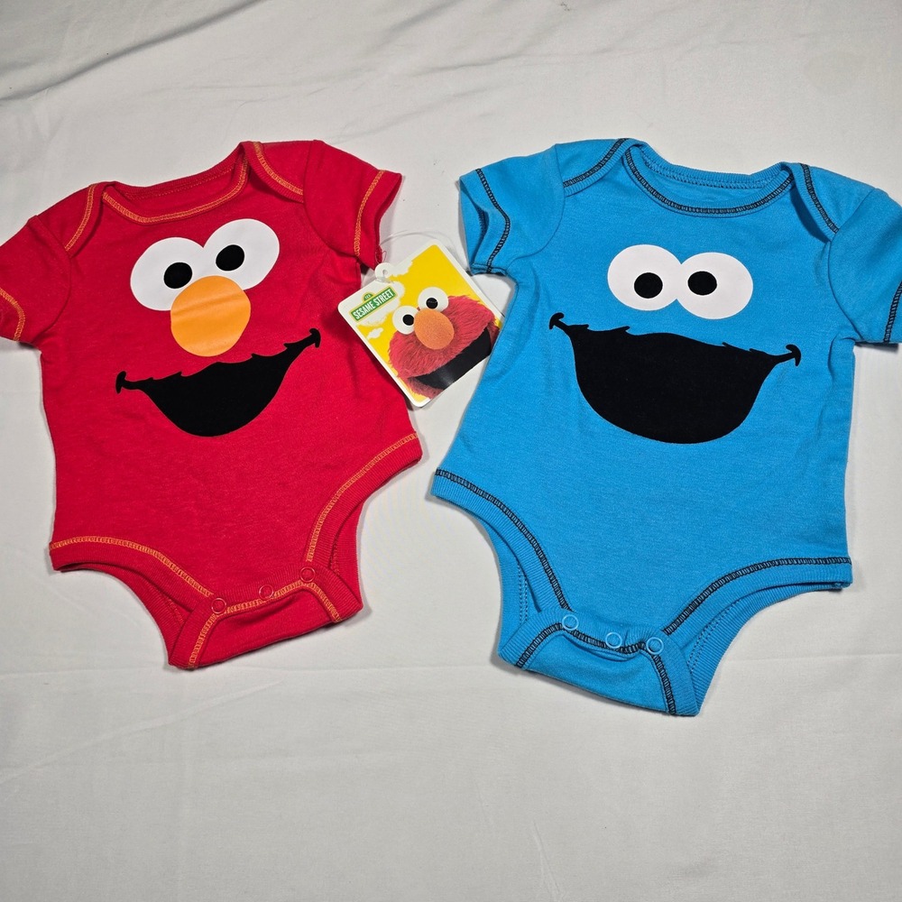 Sesame Street Newborn Bodysuits 2 Pack Elmo Cookie Monster Red Blue NWT Size NB